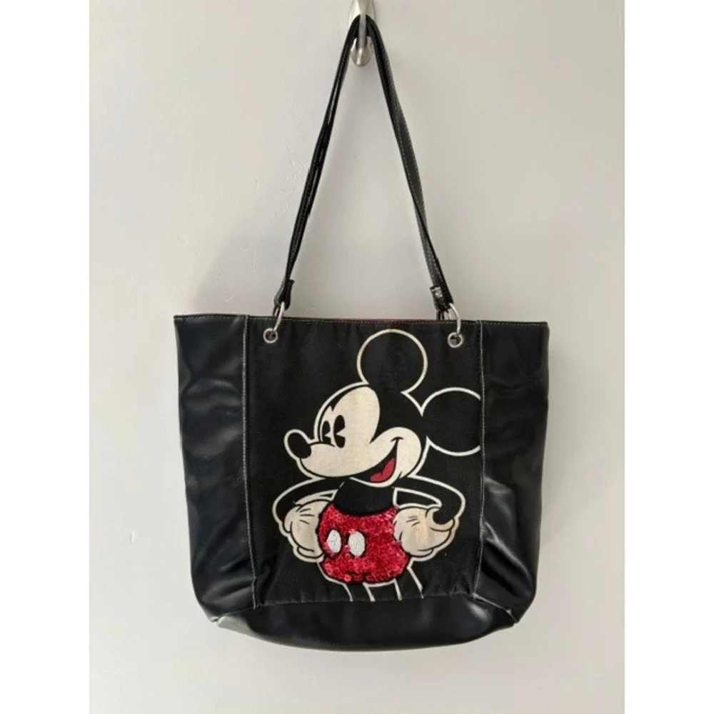 Disney Mickey Mouse Black Canvas Faux Leather Tote Bag Red Sequin Shorts Vintage